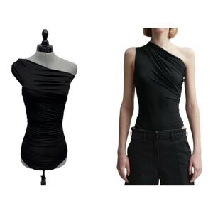 MATERIEL TBILISI Designer Sz S One Shoulder Side Ruched Bodysuit Black NWOT
